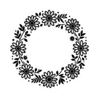 Floral wreath a simple yet elegant monochrome floral wreath featuring daisies, leaves, and dots arranged in a circular pattern. vector