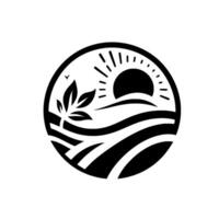 Minimalist circular emblem depicting a sunrise over rolling fields, with a leafy plant, a crescent moon, and birds, rendered in black and white. vector