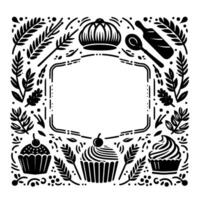 Black and white illustration of a bakery frame, featuring cupcakes, baking tools, and decorative foliage, ready for text. vector