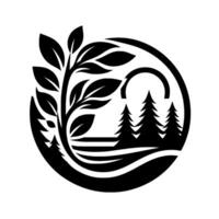 Black and white minimalist logo, landscape scene with tree, evergreens, foliage, arched bridge, and water lines inside a circle. vector