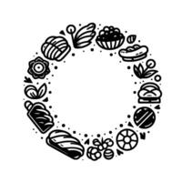 Circular black and white illustration of various food items and botanical elements in a decorative ring, isolated on white. vector