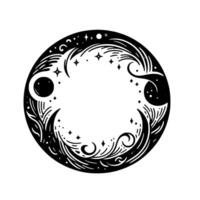 Intricate black and white celestial mandala featuring moons, stars, and organic swirls within a circular frame. vector