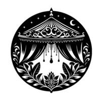 Intricate, ornamental black and white circle featuring a decorative canopy, floral frame, stars, and crescent moon. vector