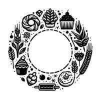 Black and white illustration of a baking wreath, circle composition featuring bakery items, wheat, and floral elements around a central, empty round space. vector