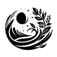 Abstract yin yang composition featuring ocean waves, a circular dark sun, plant leaves, and a calm, balanced design. vector