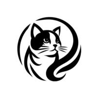 Monochrome cat logo stylish black and white of a domestic feline in a curved circular frame, focused expression. vector