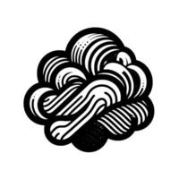 Striated, monochrome, stylized cloudlike organic form with thick black outlines, featuring curvilinear lines and a graphic, minimalist aesthetic. vector
