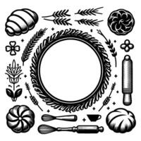 Intricate, monochromatic illustration showcasing various baking elements arranged around a circular frame, evoking a rustic, artisanal bakery theme. vector