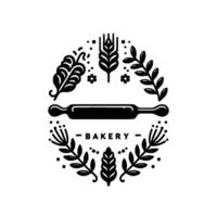 Monochromatic bakery logo rolling pin surrounded by wheat, leaves, flowers, and bakery text in a circular design. vector