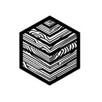 Geometric black and white illustration of a d hexagonal prism, featuring contrasting zebralike stripes and organic woodgrain patterns on each surface. vector