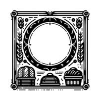 Intricate black and white illustration of a square frame with ornate elements and culinary symbols. vector