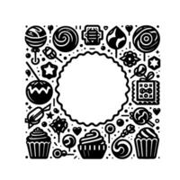 A festive, blackandwhite candy frame featuring lollipops, cupcakes, and various sweets surrounding a circular, blank space, creating a delightful border. vector