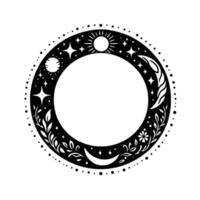 Celestial circle black and white illustration of sun, moon, stars, and botanical elements framing empty center. vector