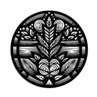 Intricate monochrome botanical mandala a circular of leaves, spirals, and geometric patterns on a white background. vector