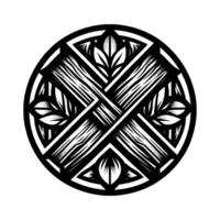 A symmetrical circular geometric featuring interwoven beams, stylized leaves, and a black and white color palette, resembling a crest or emblem. vector