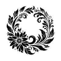 Intricate black and white floral wreath design, featuring a central flower and flourishing leafy branches in a circular composition. vector