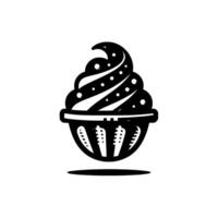 A stylized black and white cupcake logo, featuring a swirling frosted top dotted with small circles and a detailed wrapper silhouette casting a subtle shadow against a pure white backdrop. vector