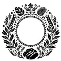 A symmetrical, blackandwhite illustration of a circular frame composed of floral and food elements, evoking a sense of rustic elegance and natures bounty. vector