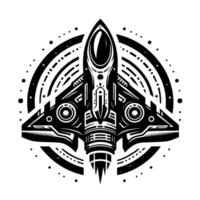 Sleek black and white stylized spacecraft within a geometric circle, representing futurism and interstellar travel, isolated on a white background. vector