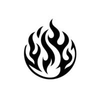 Circular, black and white stylized flame with intricate, curved shapes, enclosed within a border, against a stark white background. vector