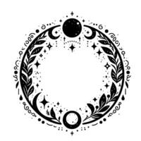 Celestial botanical wreath black and white, minimalist, moon phases and starry elements, with leafy border, round shape. vector