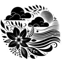 Elegant black and white circle composition flower, clouds, sun, and wave patterns in art deco style vector