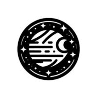Celestial black and white emblem a stylized planet with layered lines, crescent moon, and surrounding stars, set in a circular frame. vector