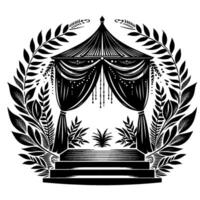 Ornate black and white illustration of a wedding gazebo with tiered platform, draped curtains, and a surrounding leafy wreath design, centered on a white background. vector