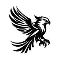 A striking, highcontrast illustration of an eagle in flight, rendered in bold black against a stark white background, symbolizing strength and freedom. vector