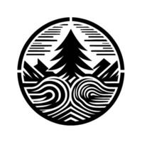 Black and white minimalist nature within a circle, featuring pine tree, mountains, and swirling river elements. vector