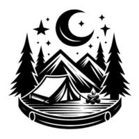 Black and white illustration of a campsite under a crescent moon and stars, with tent, trees, mountains, and bonfire. vector
