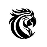 Bold black and white parrot head featuring a dynamic curved composition, showcasing striking contrast, suitable for branding. vector