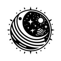 A minimalist, celestial composition inside an orb depicting the sun, planets, stars and moon with a in monochrome. vector
