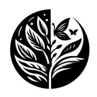 Yinyang botanical illustration featuring a stylized split composition with leaves, a tree, two butterflies, and dots, rendered in bold black and white. vector