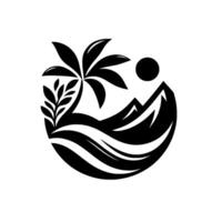 Serene black and white circular emblem palm tree, mountains, sun, and waves. minimalist design, natureinspired. vector
