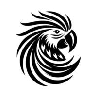 Bold black and white illustration of a crested parrot head, featuring stylized feathers and tribal design. vector