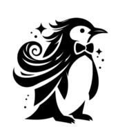 Elegant monochrome illustration of a stylized penguin with elaborate swirling plumage and a bow tie, standing on a white background with stars. vector