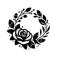Intricate black and white floral wreath illustration featuring a central rose and surrounding leaves, minimalist design. vector