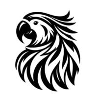 Stylized black and white parrot head illustration of avian profile with bold line art and feather detailing. vector