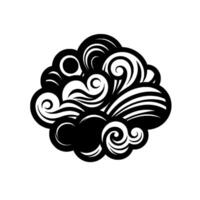 Abstract, vectorstyle cloud with a black and white swirling design, smooth gradients, and drop shadow on white backdrop. vector