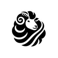 Stylized black and white sheep head emblem with curly horns, fluffy mane, and a happy expression, set against a white background. vector
