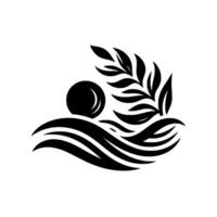 Elegant black and white composition stylized sun, waves, and leafy branch on a white backdrop, evoking serenity. vector