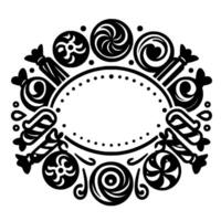 Black and white candythemed oval frame ornamented with lollipops, candies and dots on white background. vector