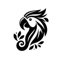 Stylized monochrome parrot with ornate feather detail, floral accent and elegant curved elements against a white background. vector