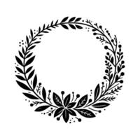 Simple black and white floral wreath design, botanical circle frame with leaves, berries, and a central flower motif. vector