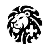 Stylized black and white lion head in a circle, featuring geometric mane, stars, and a plus sign on a white background. vector