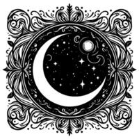 Ornate black and white celestial illustration crescent moon, stars, and sun surrounded by intricate floral and swirling frame design. vector