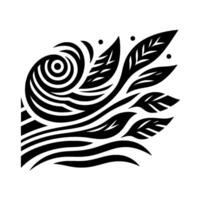 Stylized black and white floral design, vortex and leaf patterns, minimalist aesthetic, geometric composition. vector