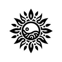 A minimalist, symmetrical black sunburst with a stylized yinyang symbol in its center, evoking harmony. vector