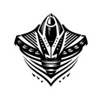 Geometric black and white design stylized abstract starshipcreature with eyelike structures and angular lines. vector